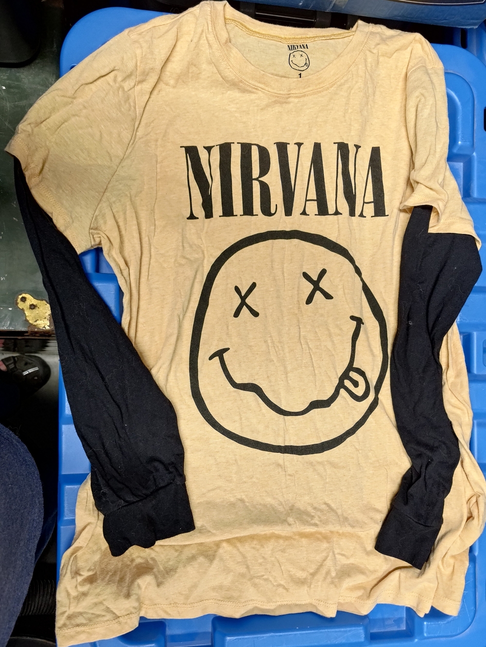 NIRVANA Yellow Long Sleeve Tee with Black Smiley Graphic and Black Sleeves